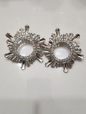 Crystal Sunburst Hoop Earrings - Silver Tone